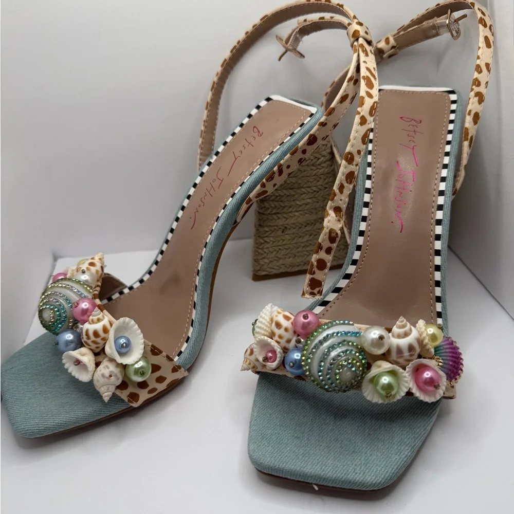 Betsey Johnson Blue and Tan Embellished Heels - Picture 3 of 10